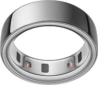 A silver smart ring with sensors visible on the inner band, designed for tracking health and activity data.