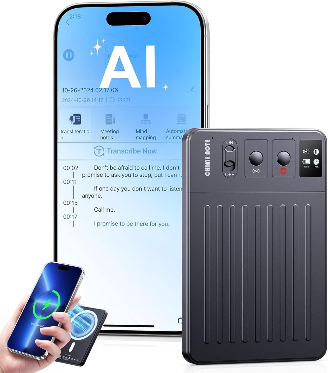 TTQ AI Voice Recorder, Digital Voice Recorder App Control, Transcribe & Summarize & Translation Empowered by ChatGPT, Wireless Charging, 121 Languages, 64GB Memory — Mini AI Recorder
