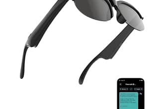 A pair of black smart sunglasses with dark lenses is shown above a smartphone displaying a text conversation on its screen. The sunglasses are open and viewed from an angle.