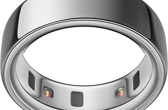 A silver smart ring with sensors visible on the inner band, designed for tracking health and activity data.