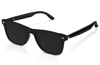 Black rectangular sunglasses with thick frames and dark lenses, shown at an angle on a white background. The arms are sleek and slightly curved with small metallic accents near the hinges.