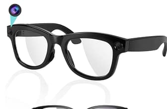 Black smart glasses with clear lenses, featuring a small camera on the top left corner and buttons on the arms. Below, an illustrated view shows camera icons and weather symbols on the lenses.